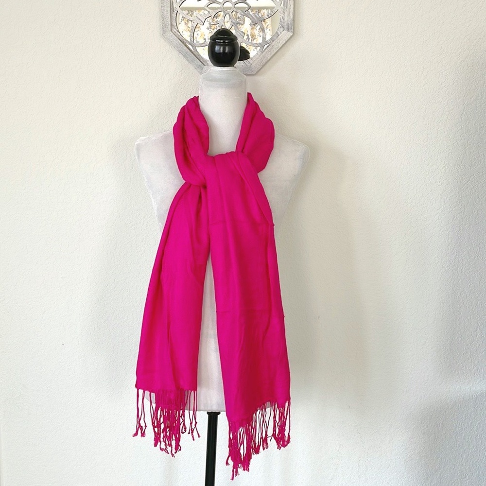 Pashmina • Bright Pink Super Soft Cozy Stylish Scarf Wrap with Tassel Fringe
